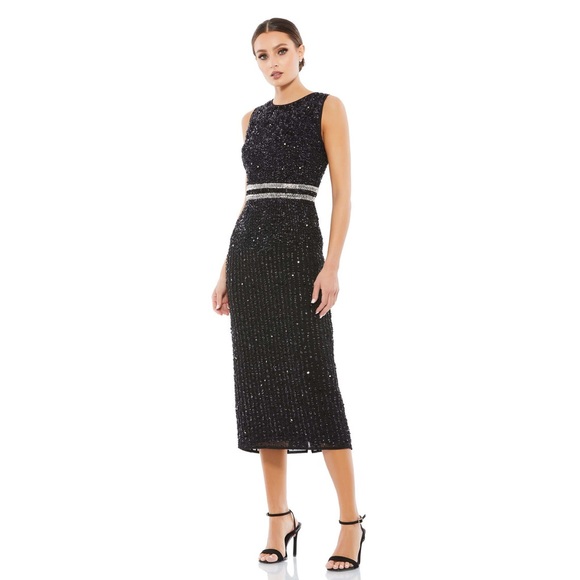 $398 SLEEVELESS HIGH NECK BEADED MIDI SHEATH DRESS size2